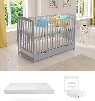 Love For Sleep JACOB Wooden Baby Cot Bed 120x60cm with Large Drawer, Guard Barrier, Teething Rails & Deluxe Aloe Vera Mattress Grey