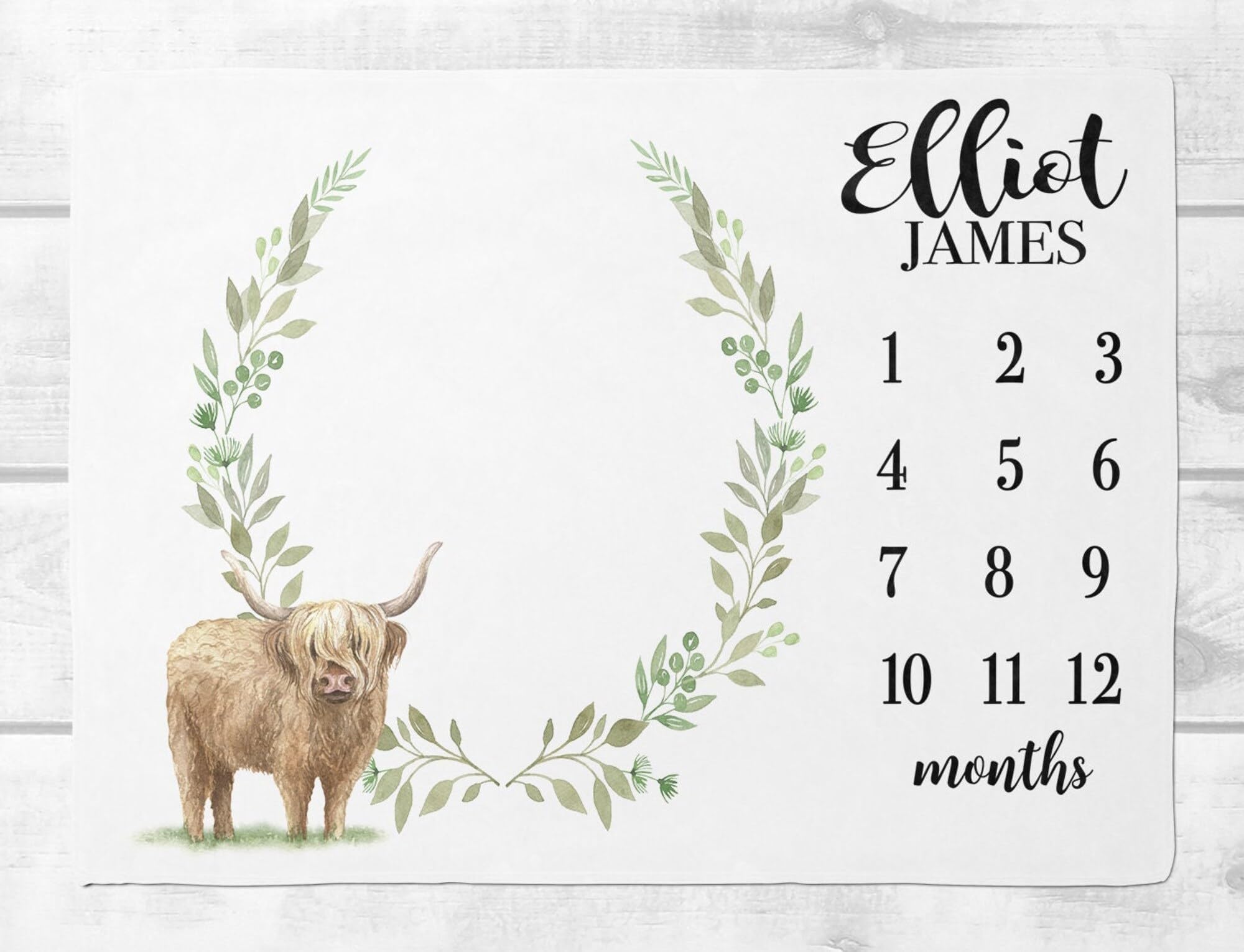 UnoCo Personalized Highland Cow Milestone Blanket Boy, Custom Baby Boy Farm Baby Blanket, New Baby Gift, Newborn Month Milestone Blanket for Baby Boy Nursery Decor - Capture Baby Growth