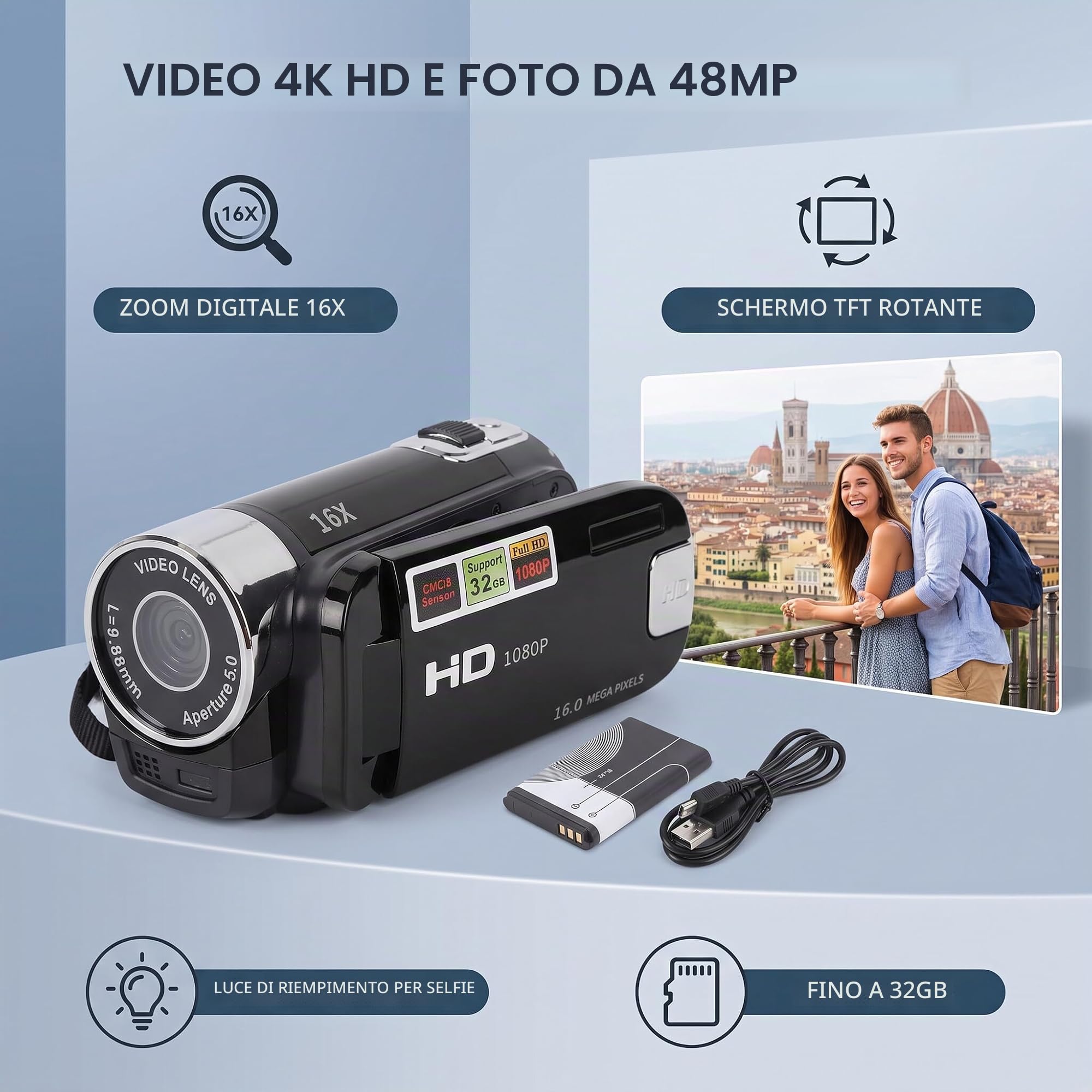 Yosoo Health Gear Videocamera Portatile, Videocamera DV 1080P 4K 48MP Videocamera Digitale per 16x Schermo Ruotabile LCD TFT da 2,7 Pollici (BLACK)