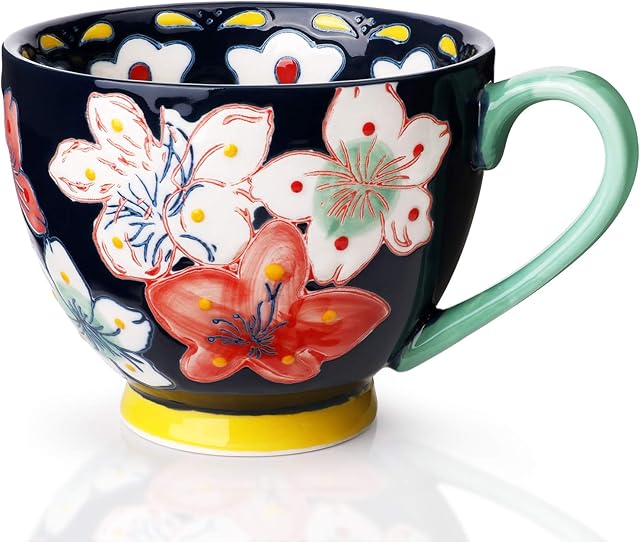 Ceramic Coffee Mug, Awanber Big Size Flower Hand Made Coffee Milk Tea Cup - Best Birthday Christmas Gifts for Women, Girls - Mother's Day Gifts for Mom, Wife, Daughter, Friend - Blue