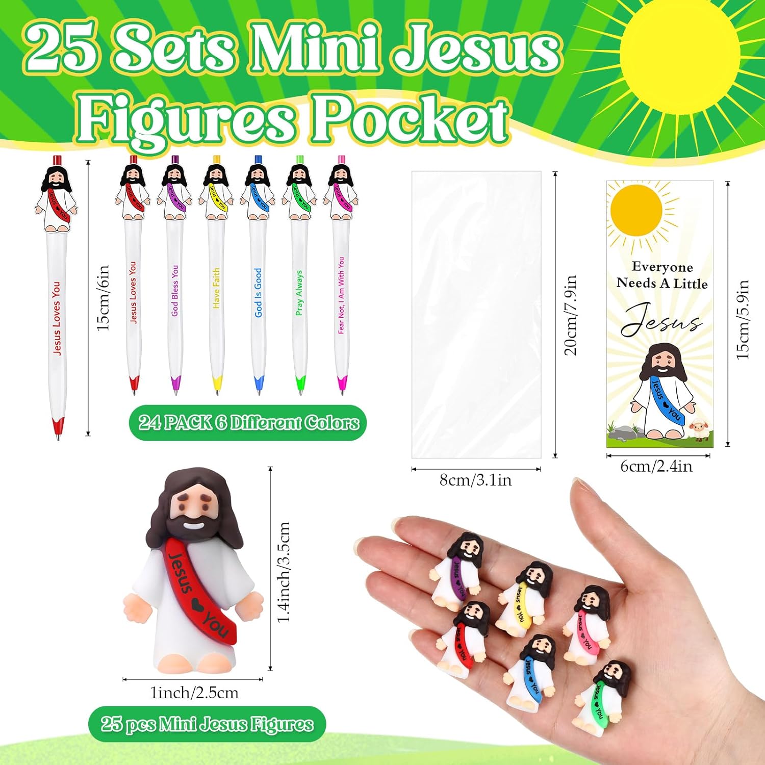 24 Set Christian Jesus Pens Bulk, Sunday Back to School Prizes for Kids Include 24 Bible Pens & 24 Little Jesus's with 24 Church Card for Classroom Kids Stationary(Multiple Jesus)