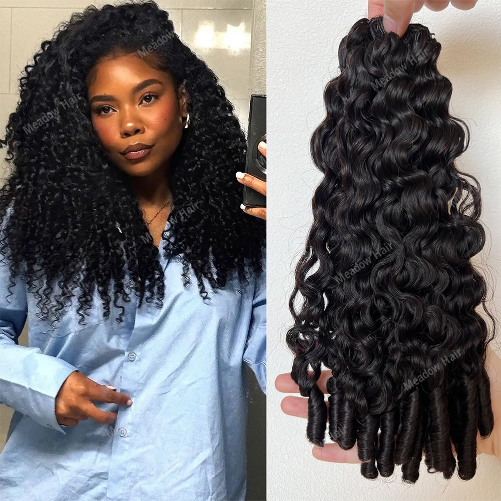 Water Curly Feather Crochet Human Hair Extensions Knotless Pre Separated Braids Hair Pre Looped Braiding Bundles Brazilian Virgin Hair for Black Women Meadow Hair 18inch 120g