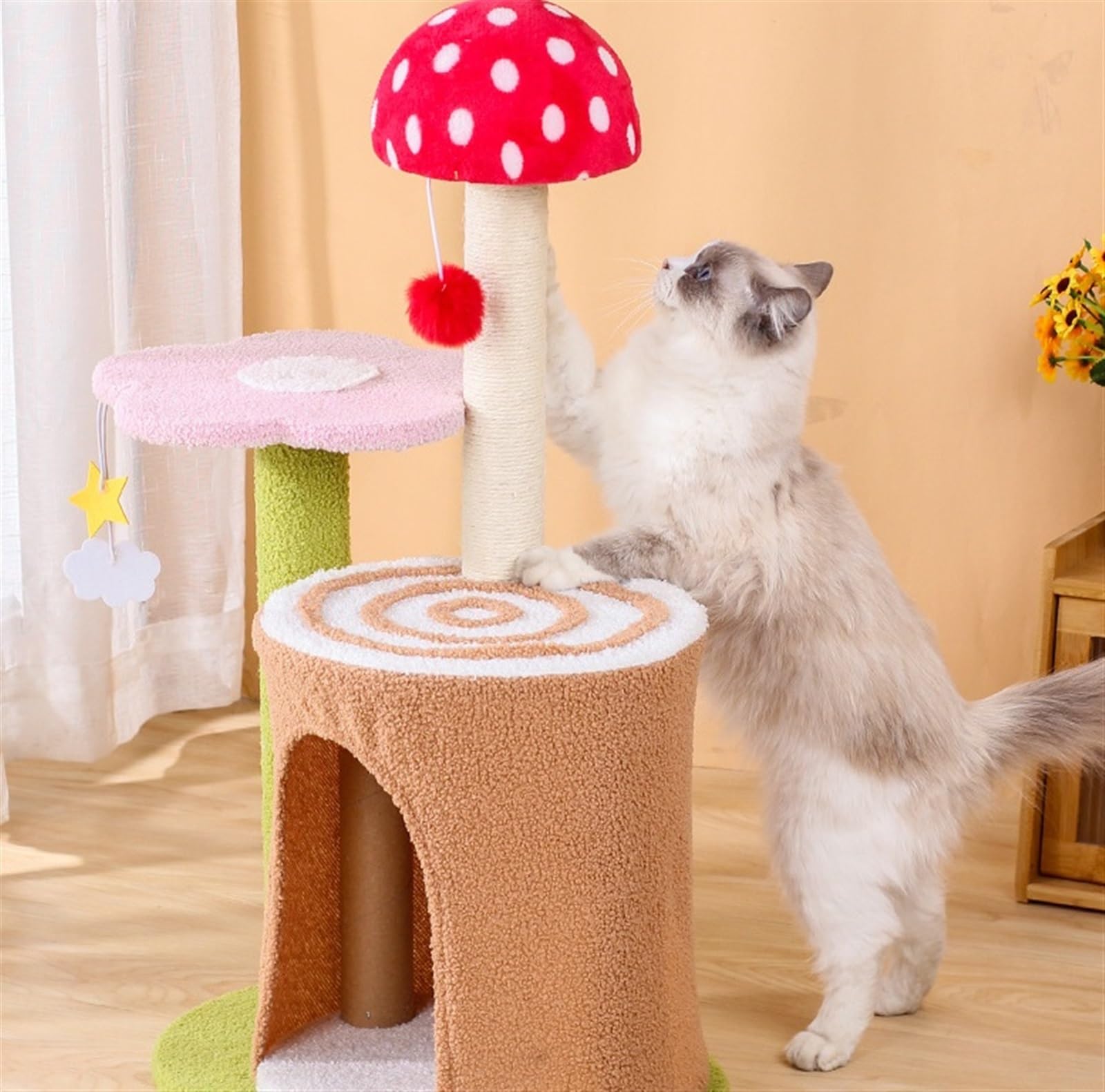 Albero per Gatti da Interno Esterno Tiragraffi per Gatti A Forma di Fungo con Accogliente Trespolo per Interni, Simpatico Tiragraffi per Gatti in Sisal