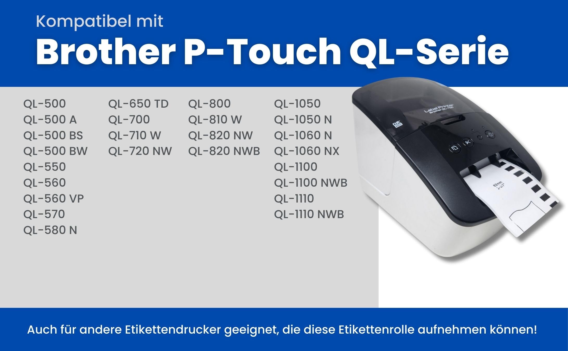 12 Rollen DK-22214 Endlos-Etiketten (12mm x 30,48m pro Rolle) Schwarz auf Weiß, Kompatibel mit Brother QL-Druckern, Thermopapier für klare Adress-Labels, Adressetiketten, Bilder und Barcodes