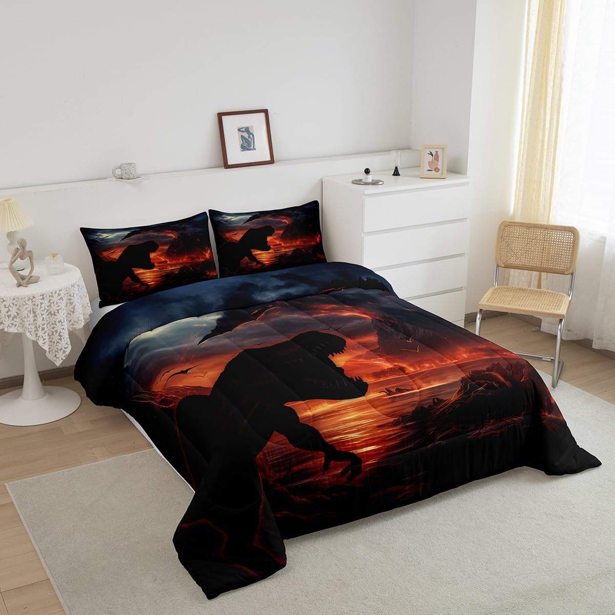 Erosebridal Dinosaor Comforter Set 3D Realistic Dinosaur Pattern Queen Bed Comforter Set for Boys Teens Kids Tropical Wildlife Bedding Volcano Eruption Duvet Insert 3 Piece