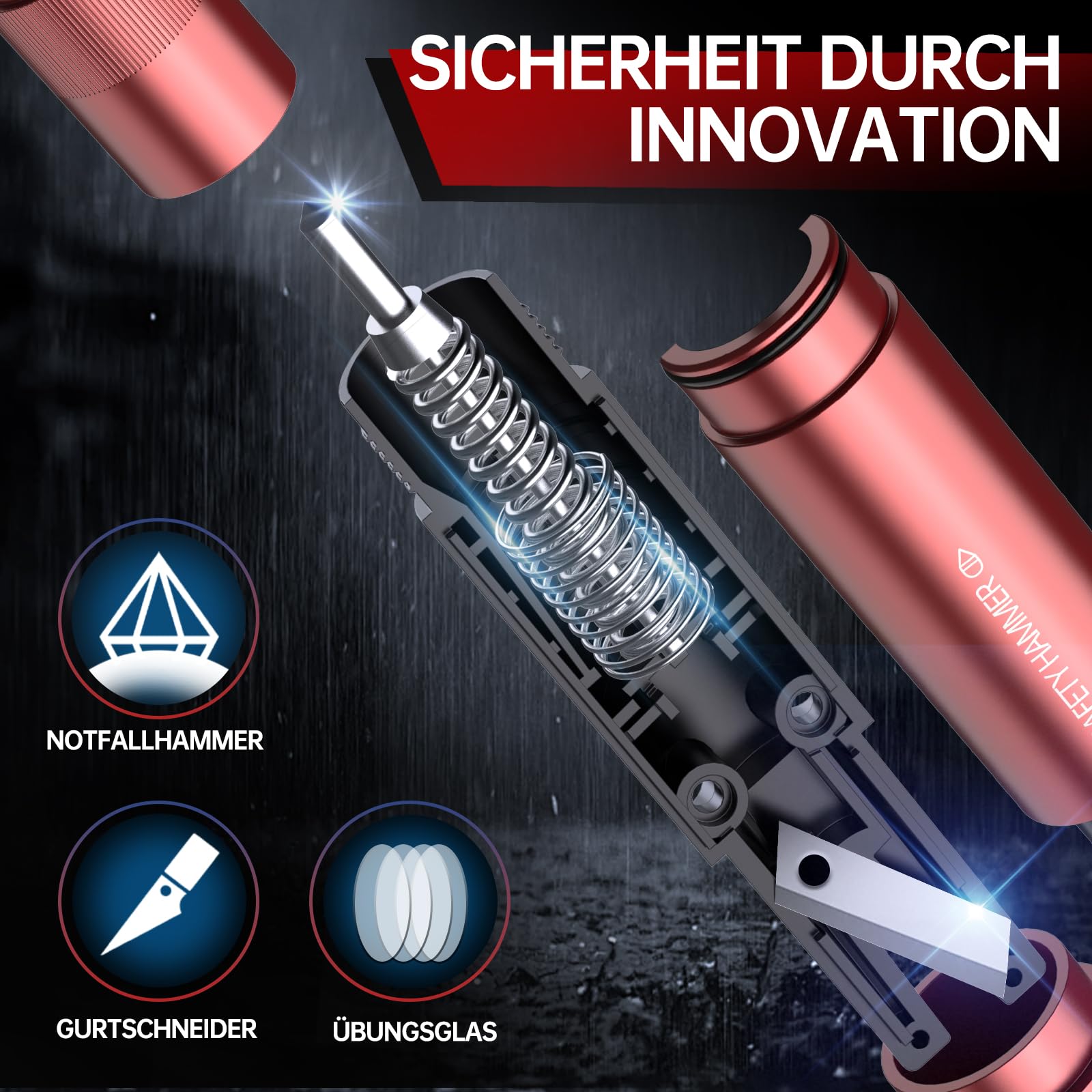 Gecool Martello di Soccorso 2 in 1 con tagliacintura, 4 pezzi kit di sicurezza – frangivetro a molla in tungsteno, lama a U e base adesiva. Ideale per auto e autobus.