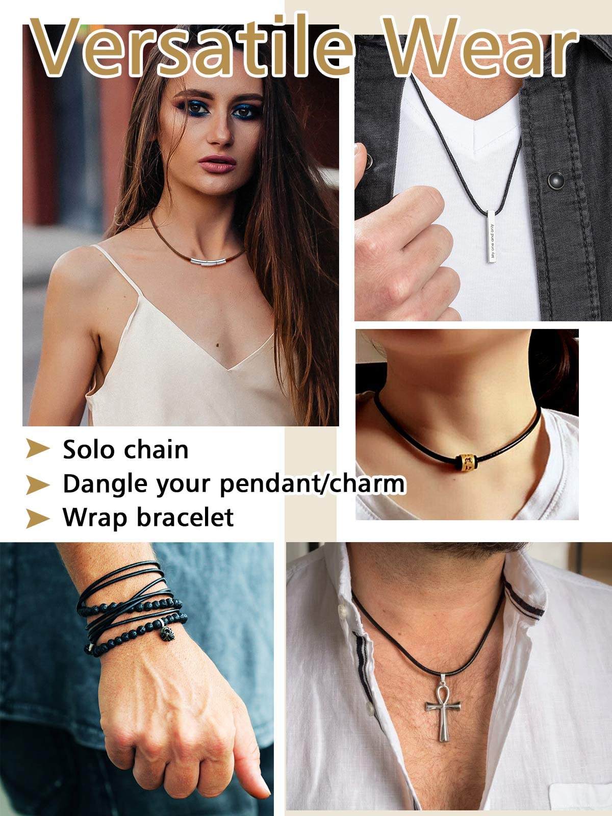 FindChic 2/3MM Collier Chaine Homme Cuir Cordon Collier pour Pendentif Femme Homme Chaîne Noir/Marron Ras de Cou Waterproof Boutton Rotatif avec Fermoir Acier Inoxydable Longueur 40cm-75cm