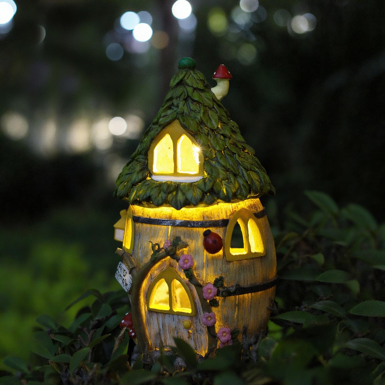 Gartendeko für Draußen, Solar Feenhaus LED Gartenleuchten Pilzhaus, Fairy Tree House aus Harz, Wetterfeste Feenhäuser Deko Außen, Rasen, Hof, Terrasse, Balkon, Fensterbank, Feengarten (Stil 3)