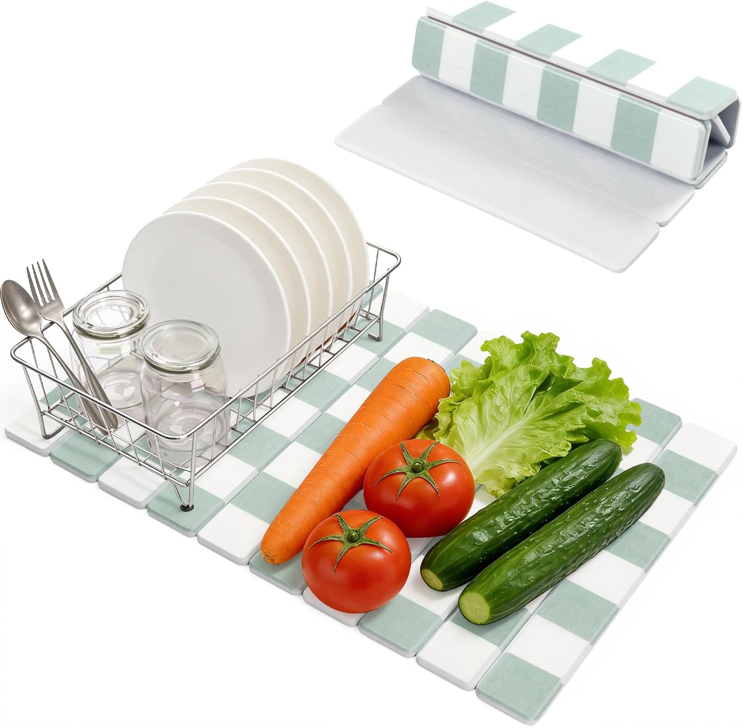 Yamaziot Large Stone Drying Mat for Kitchen Counter, 15.3"x24" Foldable Ultra Absorbent Stone Drying Mat, Quick-Dry Diatomaceous Earth Mat, Non-Slip Heat Resistant Mat for Dishes, Cups, Bottles, Green