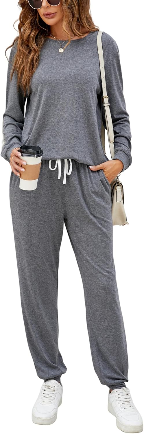 LOCUBE Women's 2 Piece Long Sleeve Pajama Set, Soft Comfy Lounge Sleepwear, Drawstring Waistband Pants with Pockets