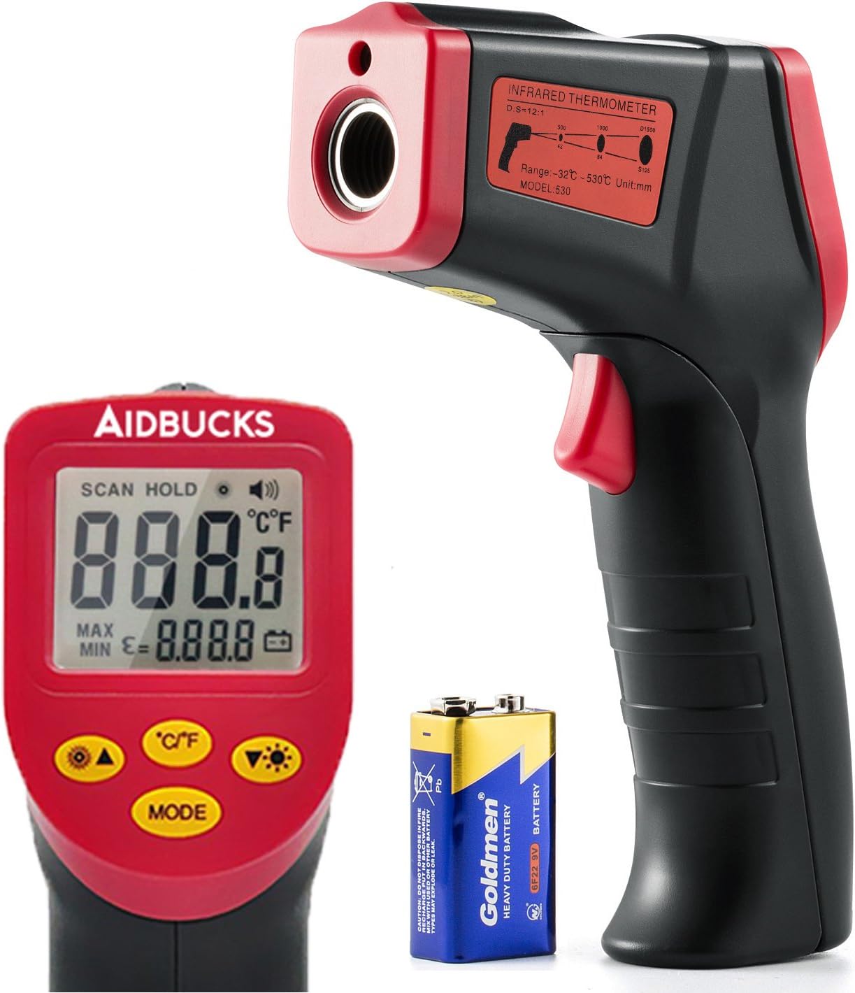 Digital Infrared Thermometer Aidbucks A530 Non-contact Laser Temperature Gun Tester Industrial Electric IR Thermometer -32℃ to 530℃(-26°F to 986°F)