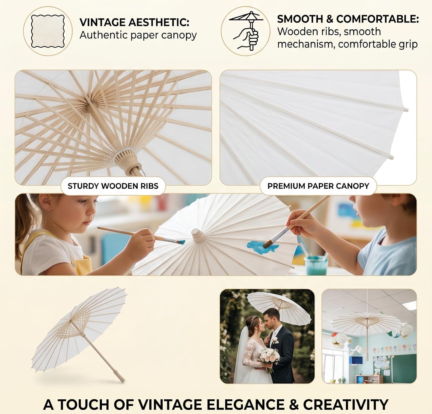 Rengue White Paper Umbrella Parasol with Wooden Rib, Rib, 60cm, DIY Craft for Classroom Activities and Decor White Paper Umbrella Parasol with Wooden Nan Household Daily Necessities