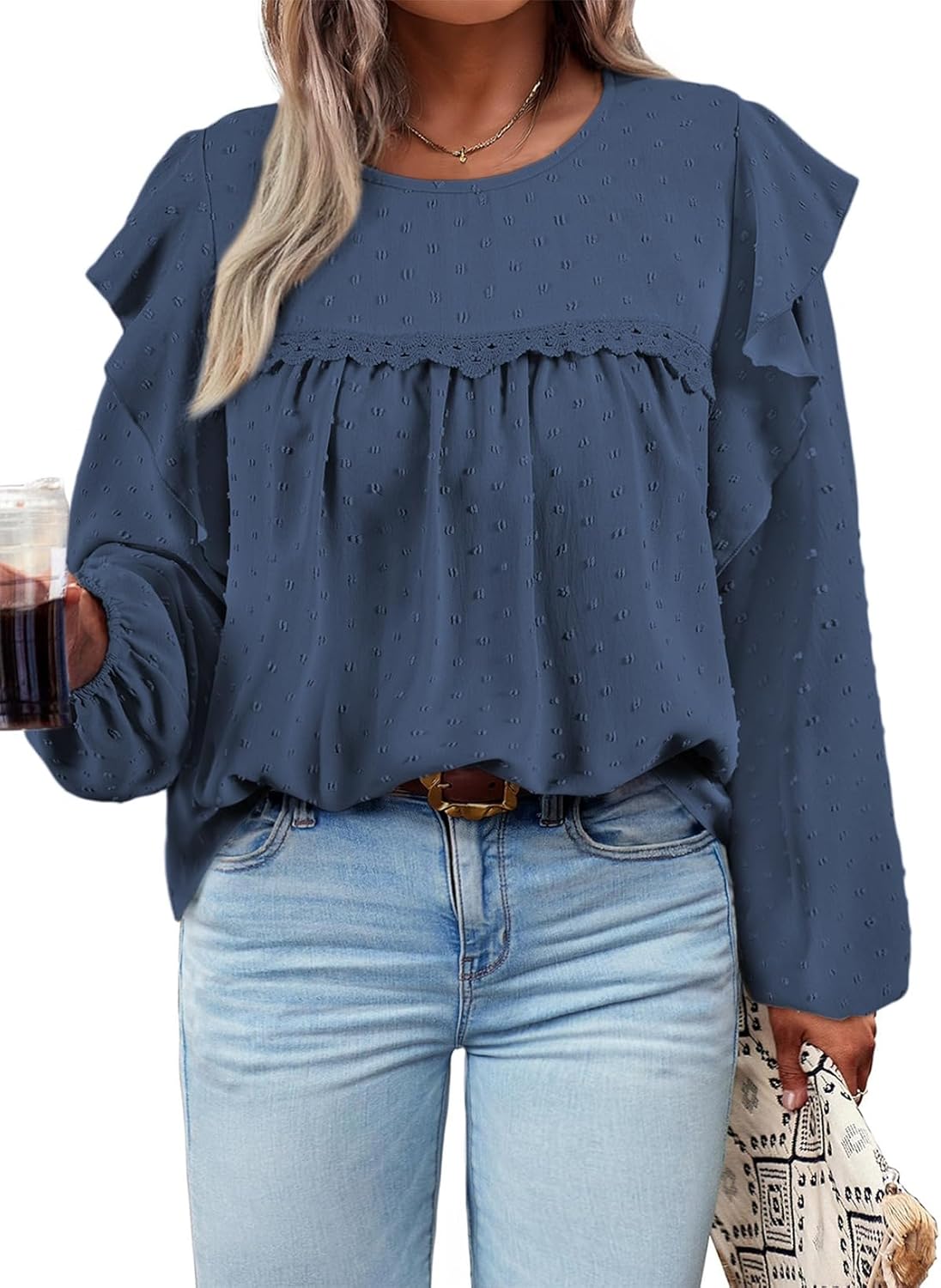 AlvaQ Women Plus Size Tops Crewneck Ruffle Long Sleeve Shirts Casual Lace Swiss Dot Chiffon Blouses L-4X