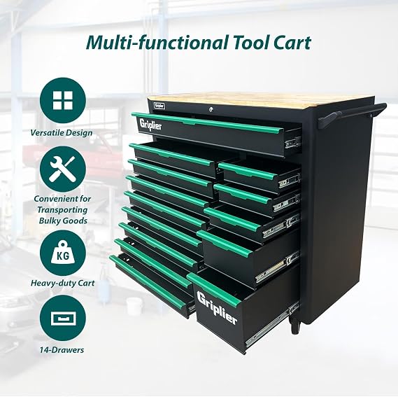 14-Drawers Rolling Tool Chest with Wood Workbench,Brake Casters,Lock & Key,Heavy-Duty Steel Tool Cabinet Storage, for Home,Garbge or Workshop Use