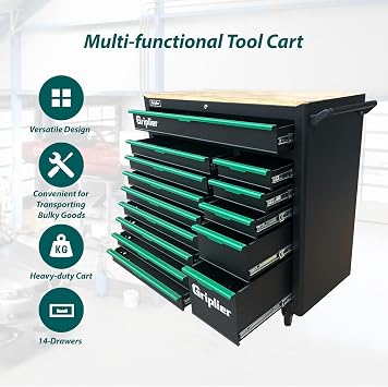 14-Drawers Rolling Tool Chest with Wood Workbench,Brake Casters,Lock & Key,Heavy-Duty Steel Tool Cabinet Storage, for Home,Garbge or Workshop Use