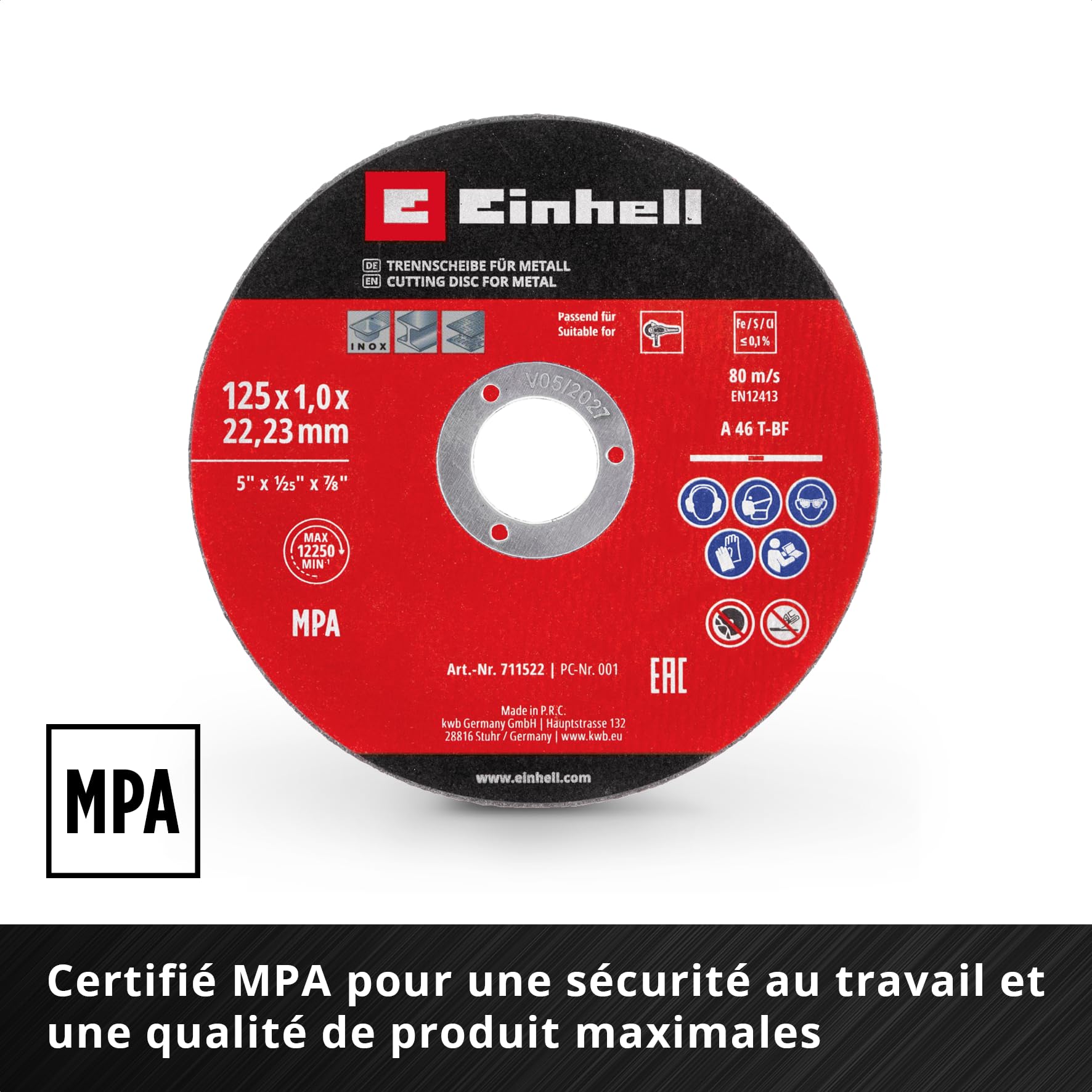 Original Einhell set de 5 disques à tronçonner minces pour le métal, Ø 125 mm (épaisseur 1 mm, certifié MPA, grande longévité, coupes précises et sans bavures, pour meuleuses d'angle)
