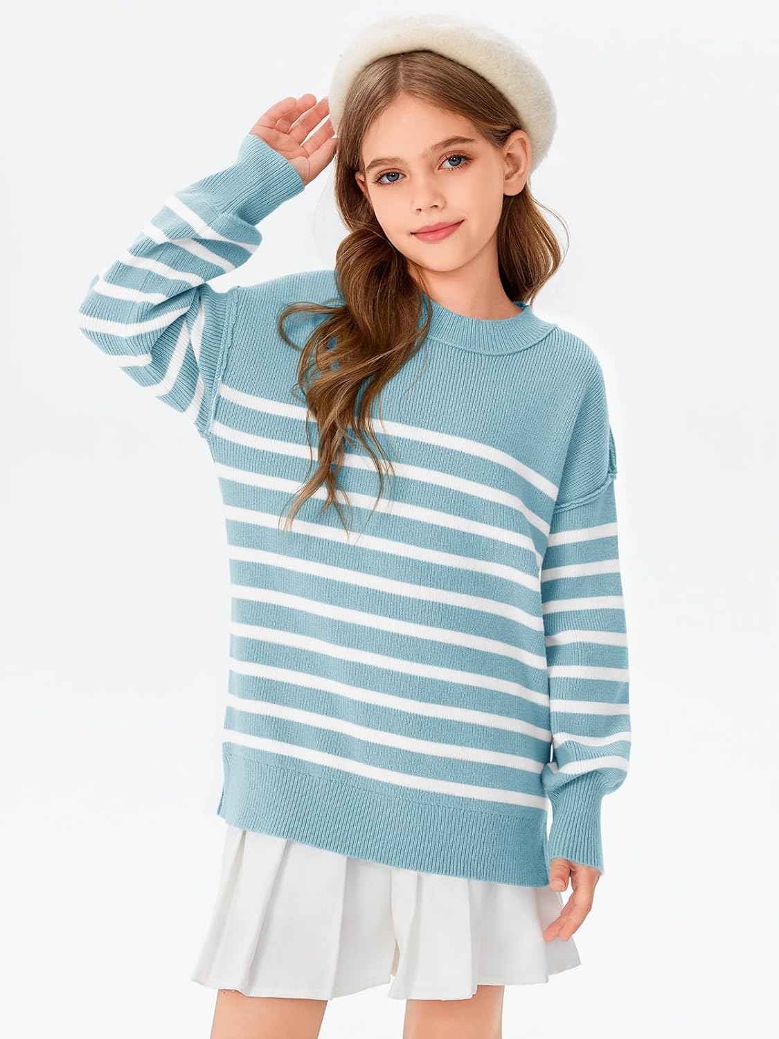 Girls Striped Oversized Sweaters Fashion Batwing Sleeve Side Slit Knit Pullover Clothes 5-14 Years - Image 3