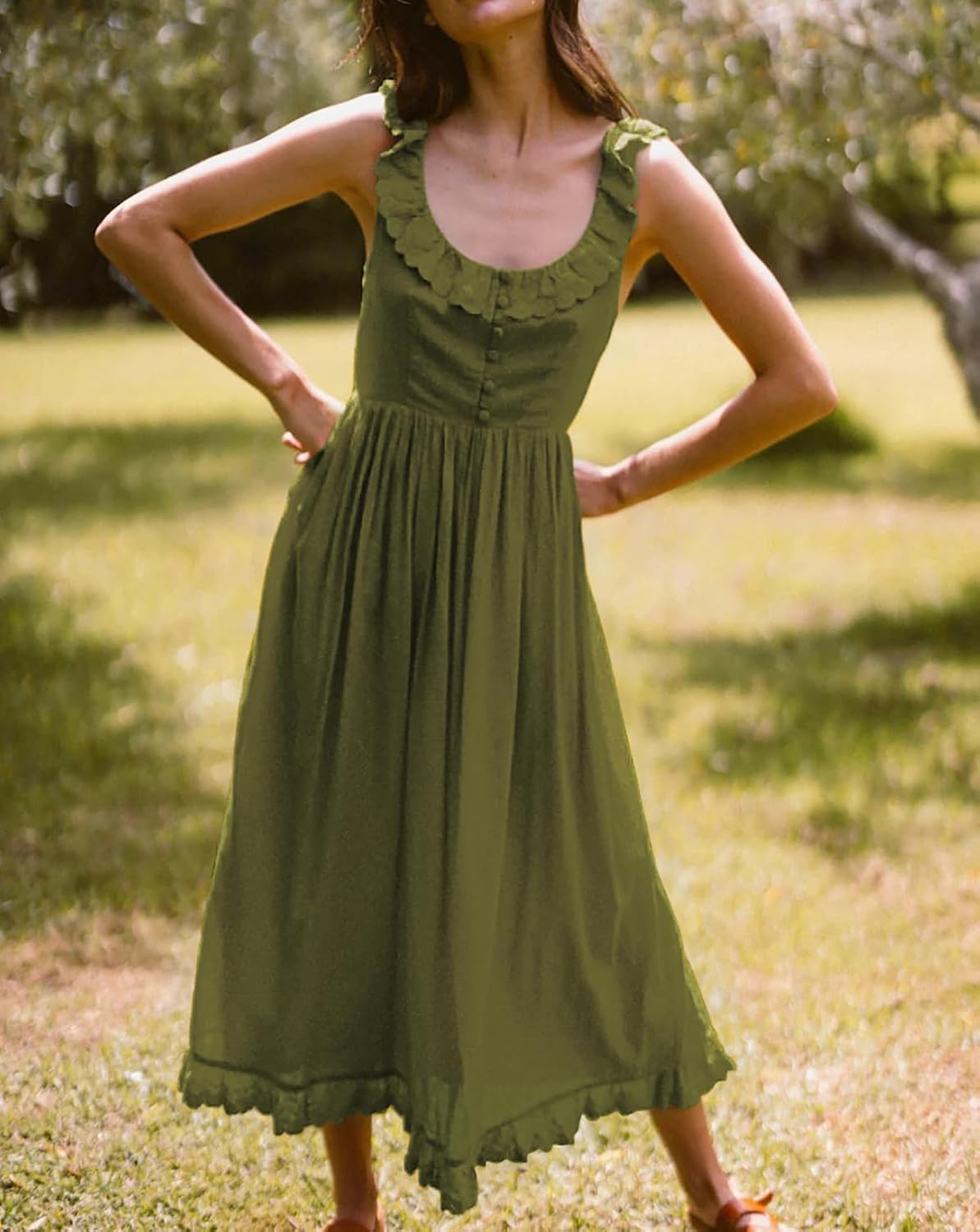 R.Vivimos Womens Summer Cotton Sleeveless Midi Dresses Vintage Lace Trim Button Up Tie Waist Casual A-Line Flowy Long Dresses - Image 3