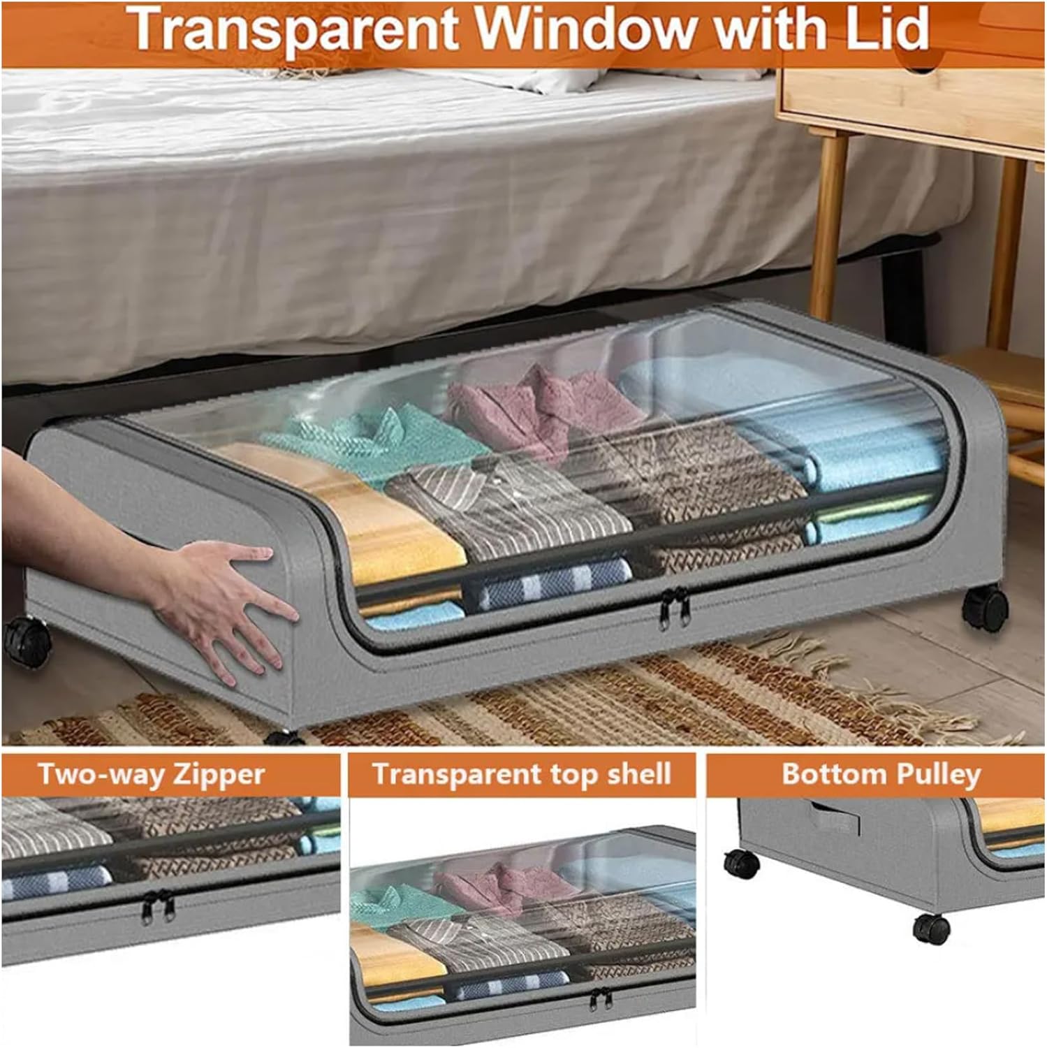 Generic Under Bed Storage with Wheels, Foldable Under Bed Storage Containers Organizer Drawer with Handles, for Clothes Shoes Toys Blankets, 1 Square, gray