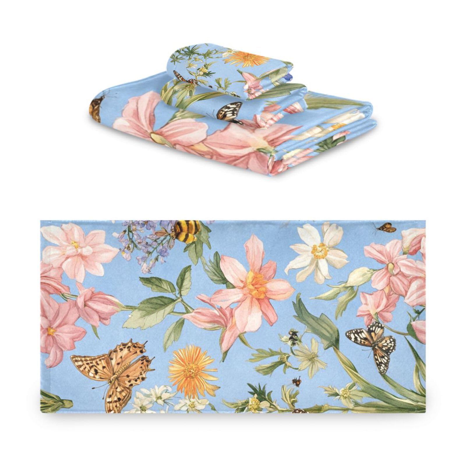 Fiori d'Autunno Giacinti Bellflower Farfalle Api Blu _ 1 Set di 3 Asciugamani Decorativi Viso Set 3 Pezzi, 1 Asciugamano da Bagno 1 Asciugamano 1 Asciugamano per Cucina Bagno Yoga Palestra