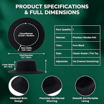 Black Fedora Flat Hat Classic Wide Brim Cap Panama Style Jazz Hat for Wedding Party Talent Performance Xmas Gift Unisex