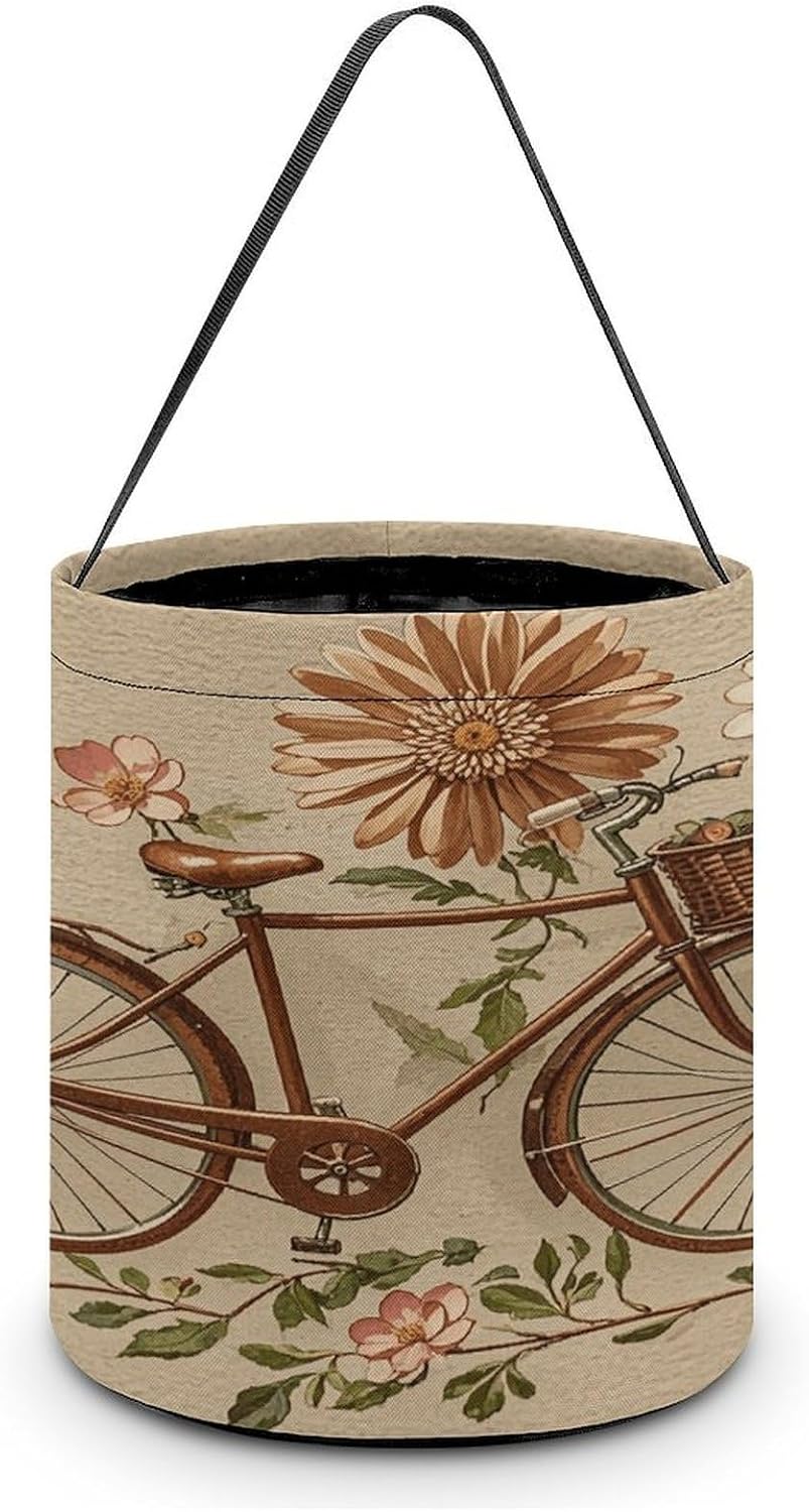 LZQPOEAS Brown Vintage Postcard Flower Butterfly Old Bicycle Halloween Trick Or Treat Candy Basket Tote Bag