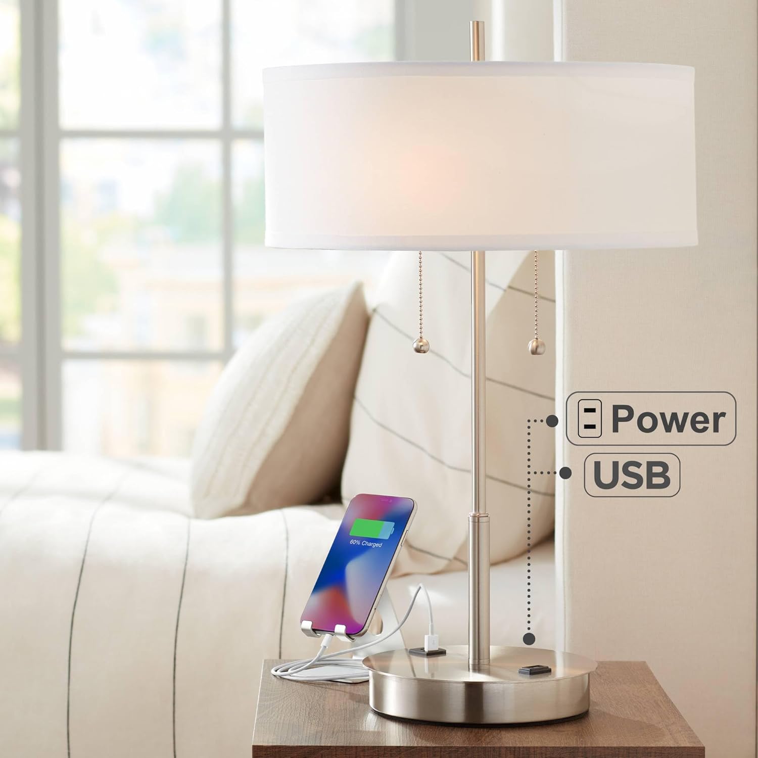 360 Lighting Nikola 23.75" High Modern Accent Table Lamp with USB Charging Ports A+C and AC Power Outlet Hotel Style Silver White Drum Shade Living Room Desk Bedroom House Bedside Nightstand Home