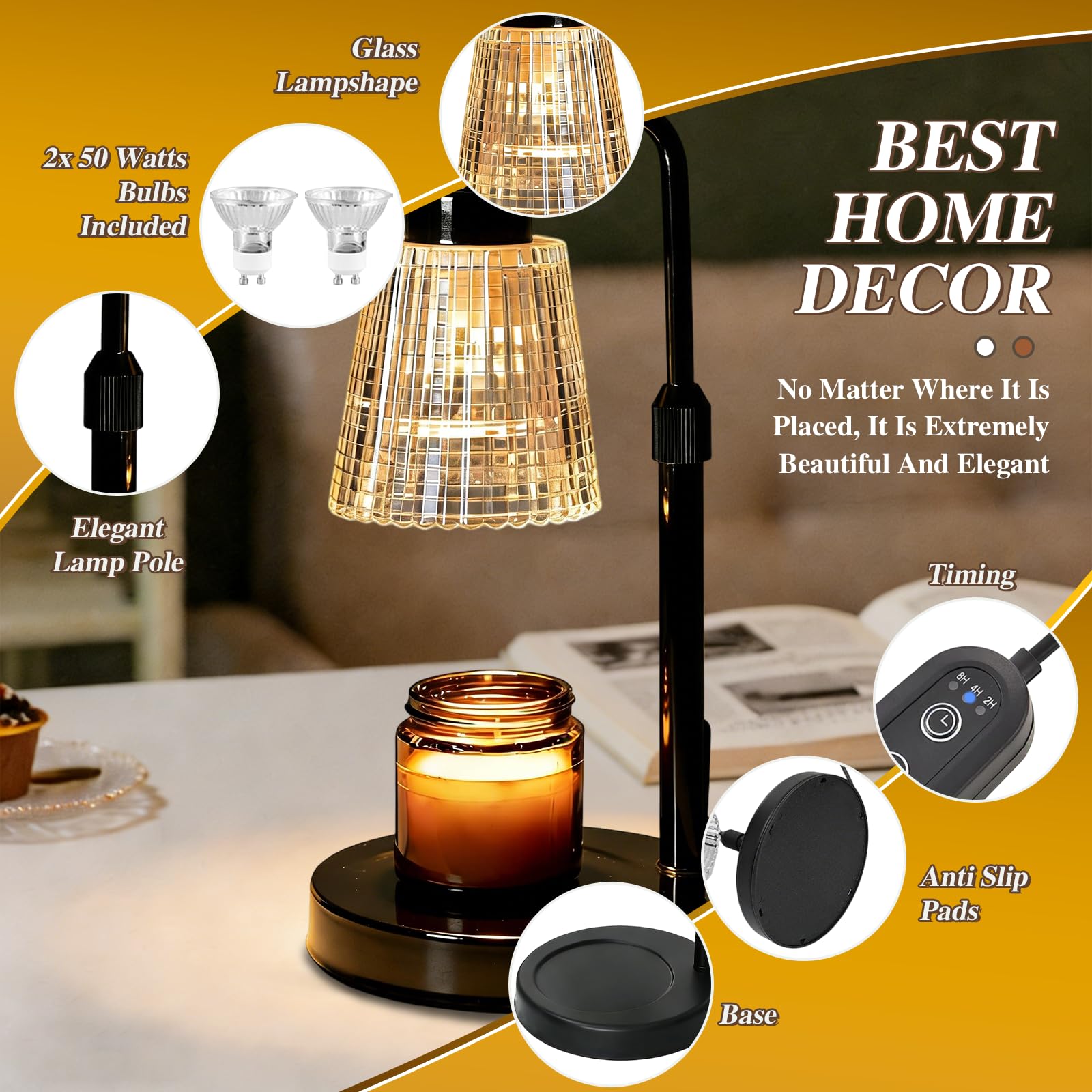 Lampada scalda candela, timer dimmerabile, luce di fusione elettrica per barattoli di cera, candele con bruciatore senza fiamma regolabile in altezza, con 2 lampadine, squisito regalo di compleanno