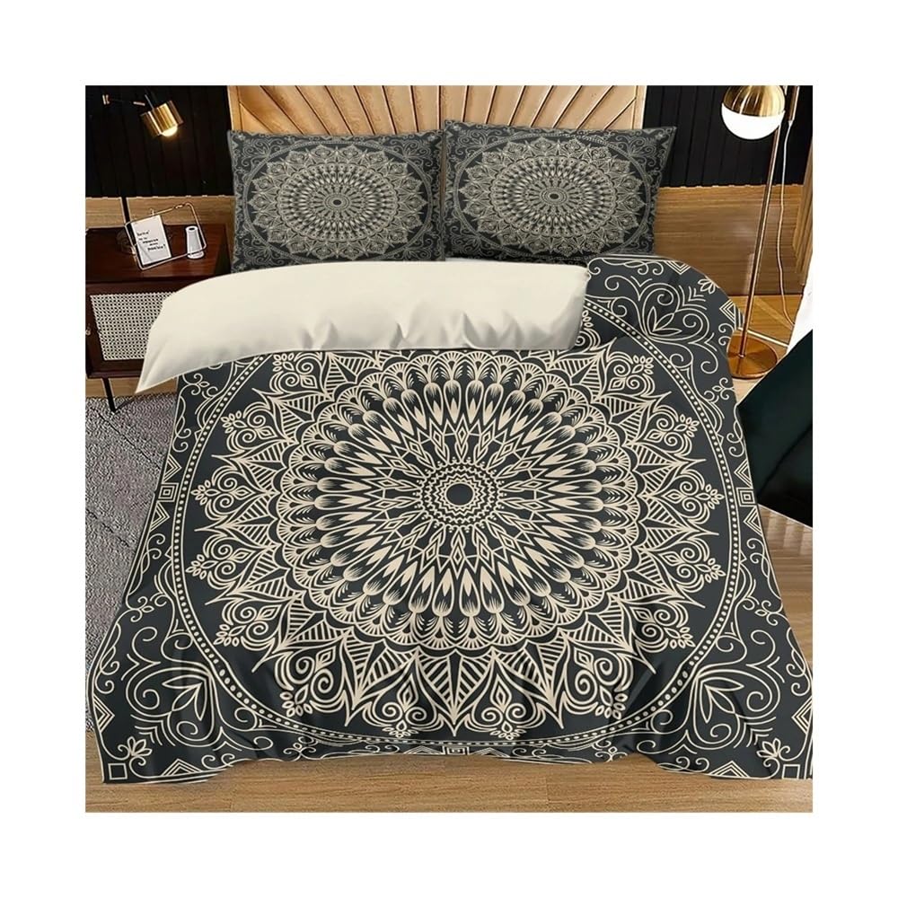 Housse de couette 135x200cm mandala noire contre les draps rêches, parure de lit 3 pièces