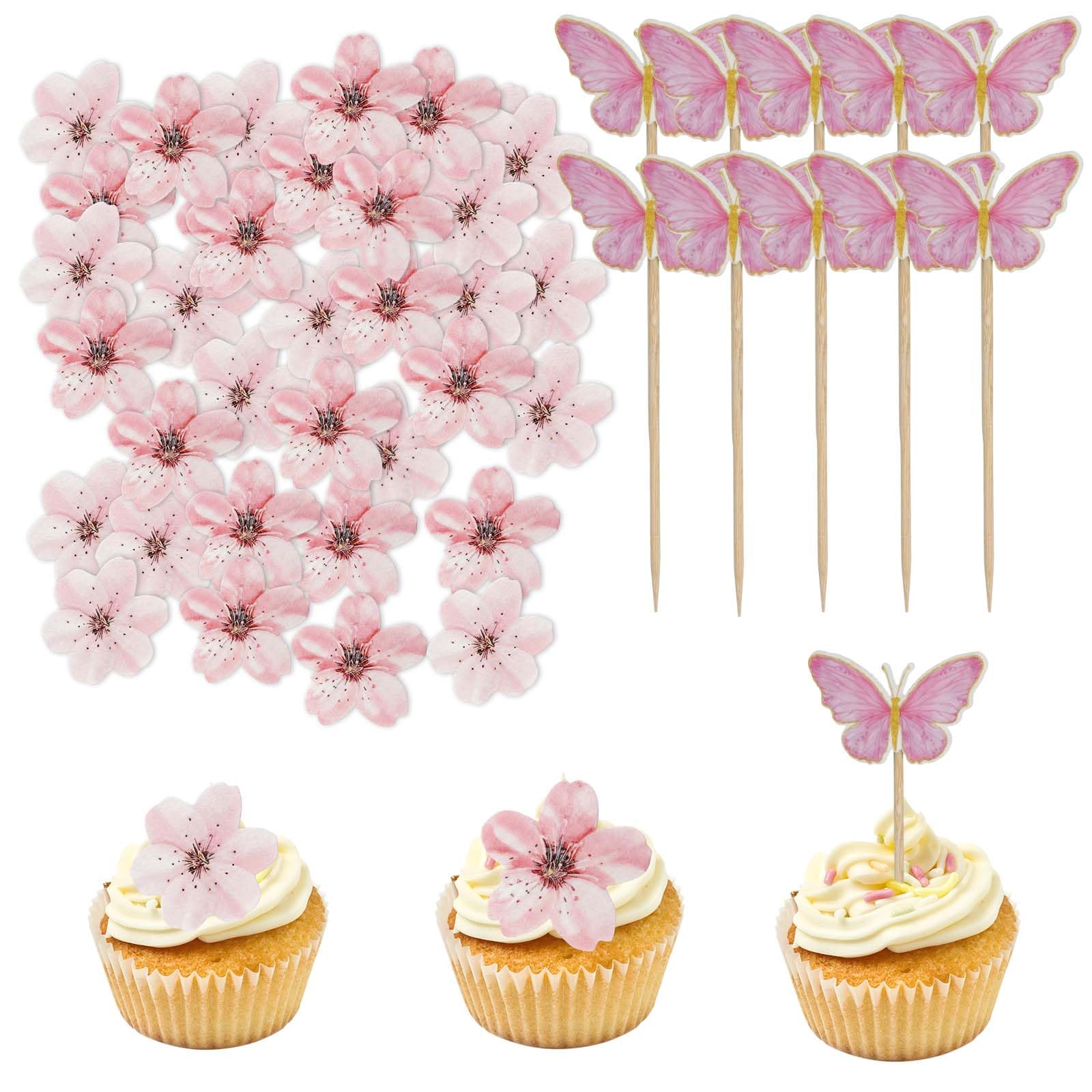50 Pcs Edible Cherry Blossoms Cupcake Toppers Wafer Paper Flowers Cake Decorations with 20 Pink Butterfly Picks for Baby Shower Kids Birthday Wedding Party Supplies