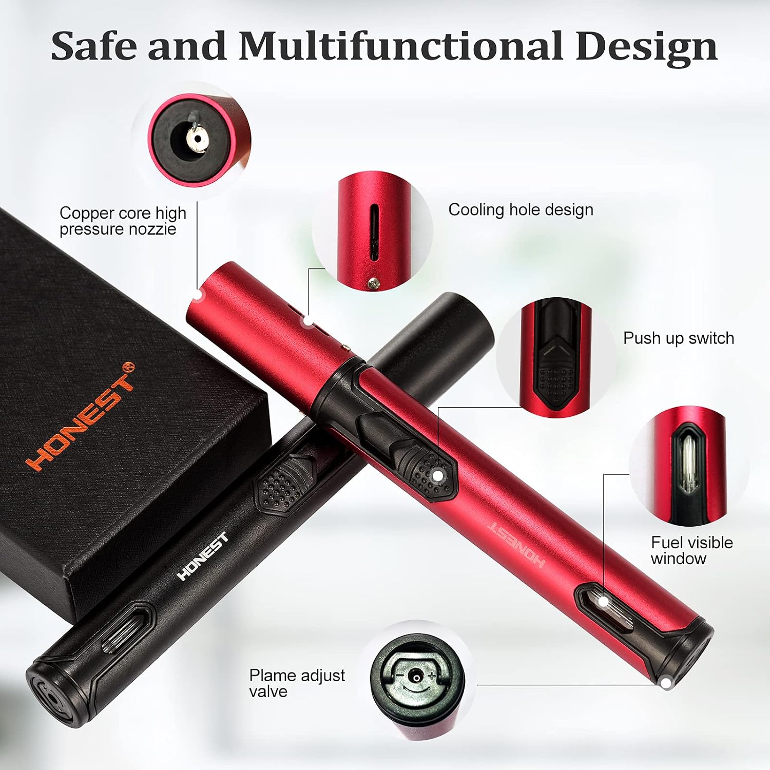 2 PCS Butane Torch Lighter, 6 Inch Long Adjustable Windproof Refillable Butane Lighter with Continuous Flame (Fuel Not Included). (Red-Black)