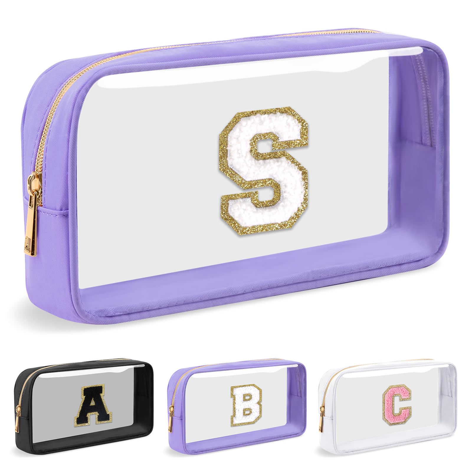 UIXIZQ Personalized Initial Letter Clear Preppy Makeup Bag, Purple Chenille Letter Nylon Cosmetic Zipper Pouch, TSA Approved Travel Toiletry Bag,