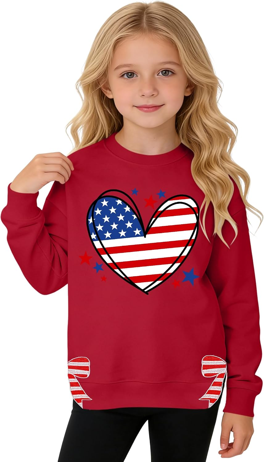 Ithalt Kids USA Sweatshirt Boys Girls 4th of July Shirt American Patriotic Pullover with Embroidered Side Slits 5-14y