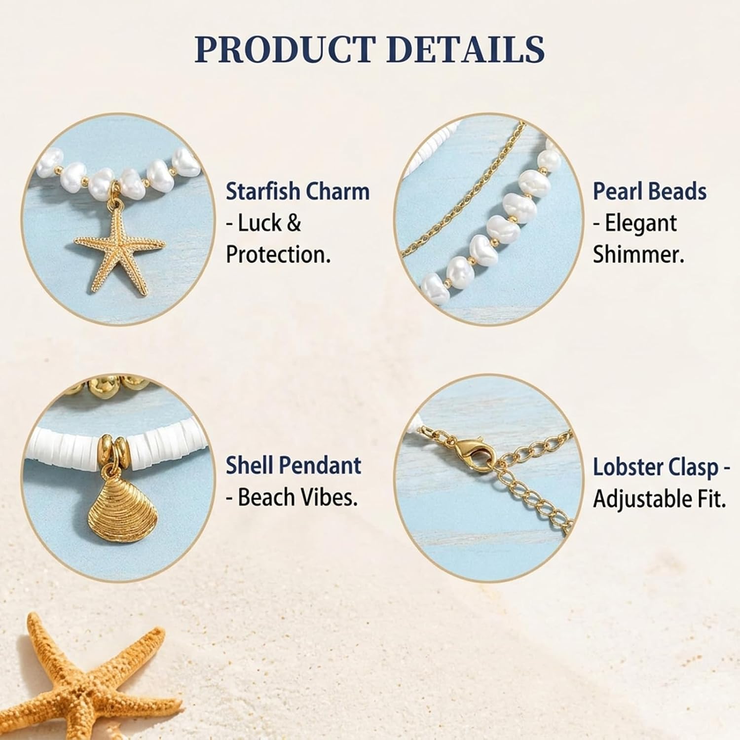 Seashell Necklace Layered Pearl Starfish Pendant Beach Jewelry for Women Summer Outfits for Women 2026 Tropical Vacation Accessories Jewelry for Beach Dresses