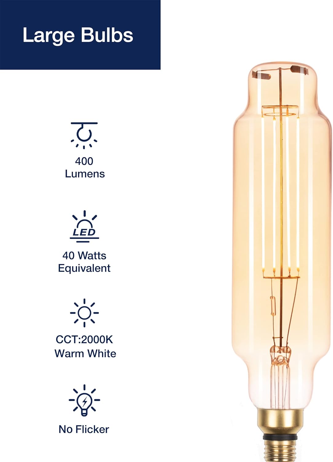 FLSNT Vintage Large LED Edison Bulbs 40W Equivalent, Decorative Dimmable Tube LED Bulbs with Amber Glass, 2000K Warm White, E26 Base, 7W, 400LM, 1 Pack, TT80
