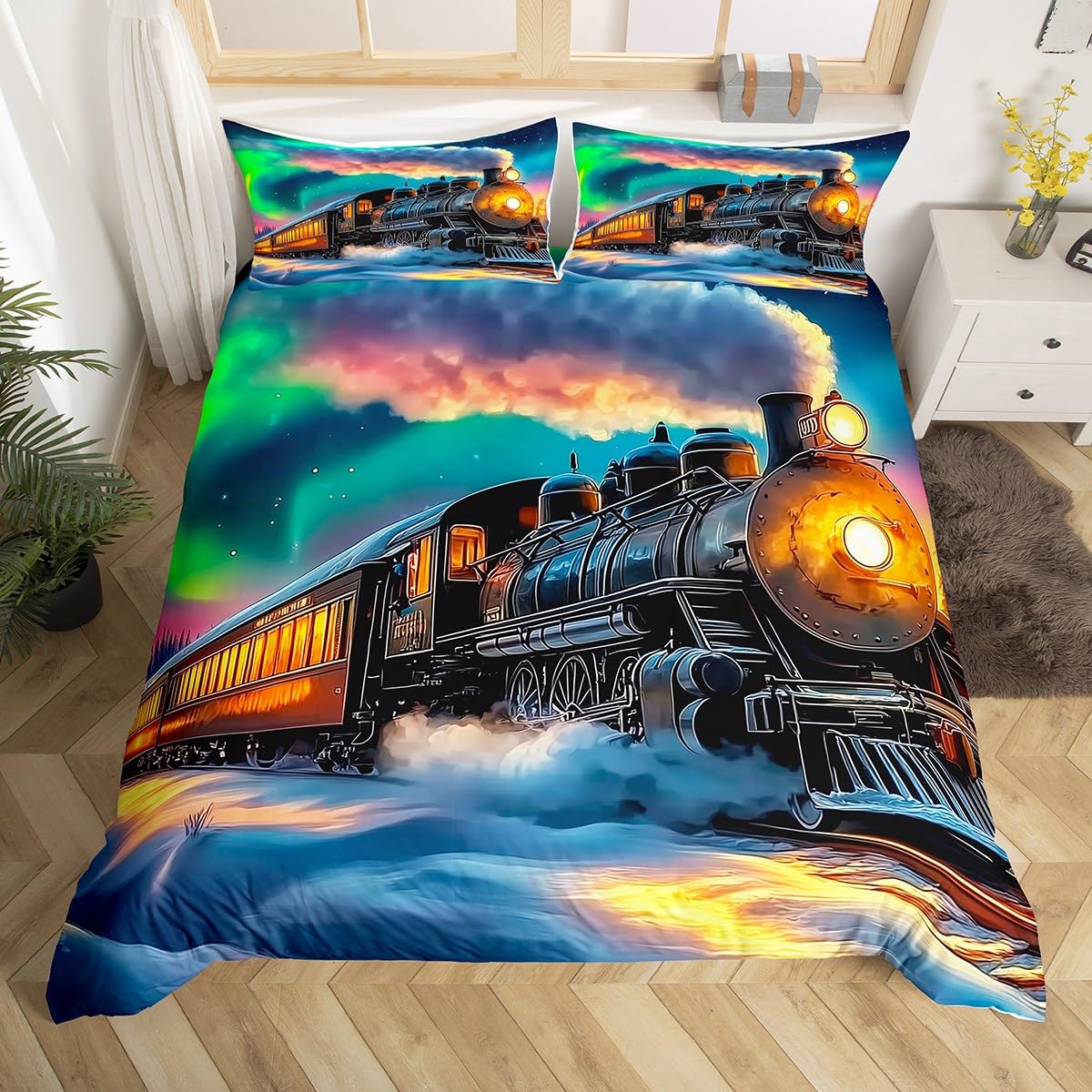 Homewish Aurora Train Duvet Cover King,Steam Train Bedding Set for Boys Girls Kids,Northern Lights Bed Set Transportation Vehicle Trains Duvet Cover 3Pcs Room Decor (No Comforter)