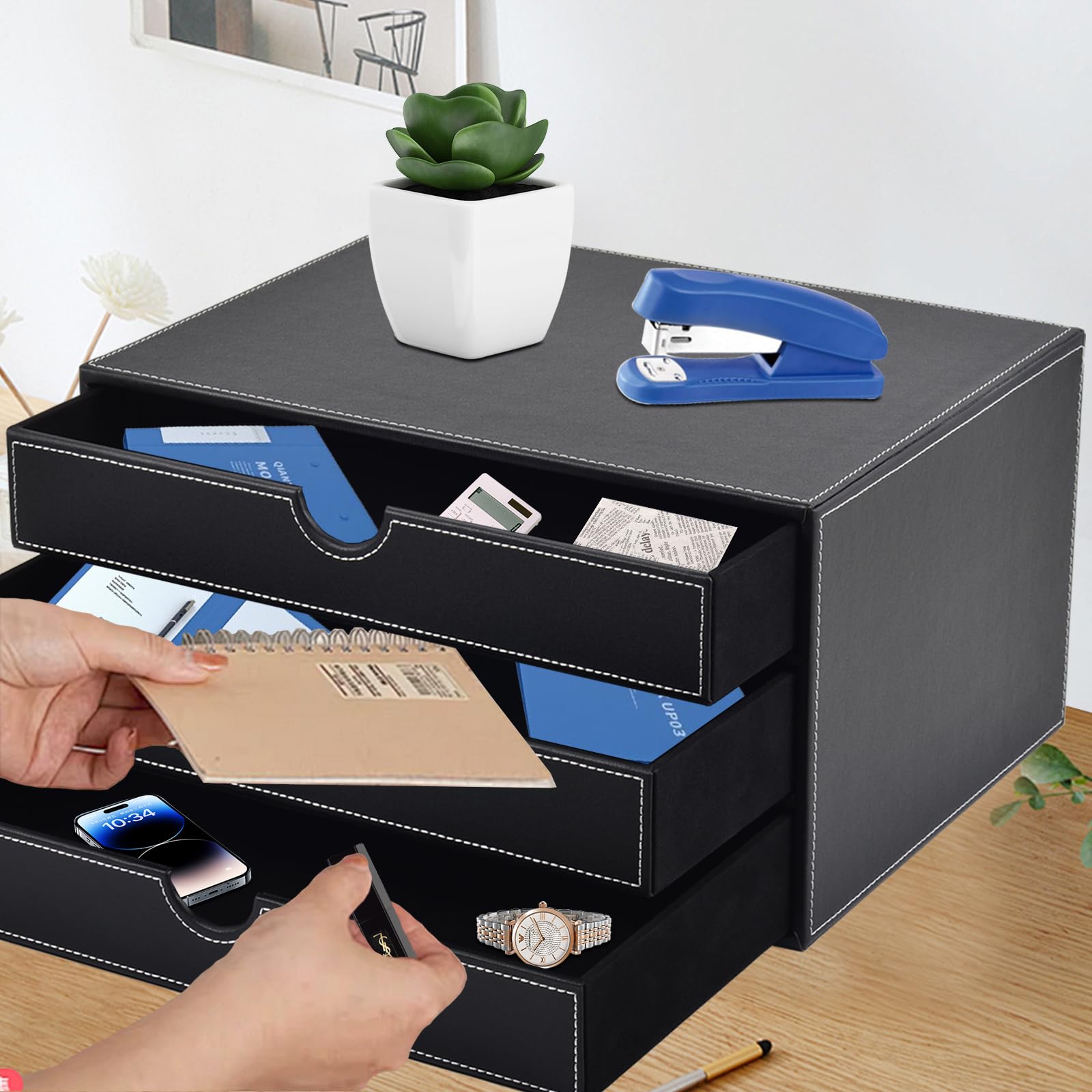 Organizer da scrivania in pelle PU con 3 cassetti, cassetto multifunzione per cancelleria, carta A4, documenti, riviste, libri, lettere, gioielli, prodotti di trucco, decorazione per la casa