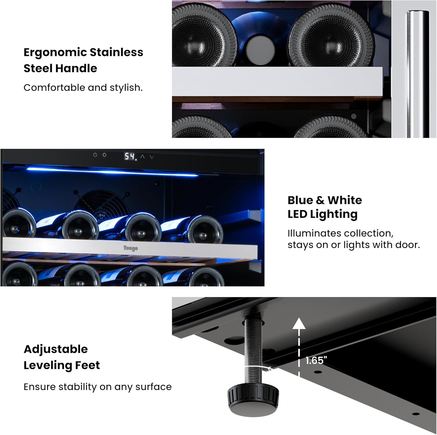 Yeego Wine Fridge – 24 Inch Wine Cooler Refrigerator 40°F-65°F, 304 Stainless Steel Glass Door Lock, Temperature Memory Blue & White LED Built-in Fridge Left-hand Opening with Drawer (89 Bottle)