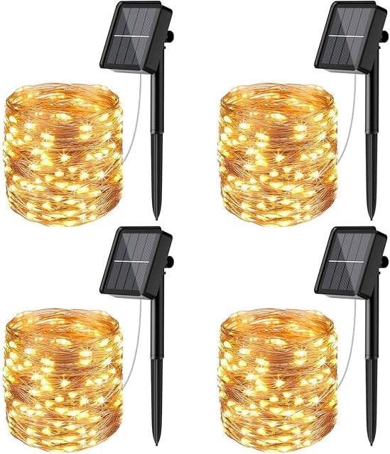 [4 Pack]Solar Fairy Lights Outdoor, 12m 120LED Solar String Lights Waterproof 8 Modes Copper Wire Decorative Solar Powered Garden Light for Tree Patio Tent Fence Summer Party Wedding Xmas (Warm White)