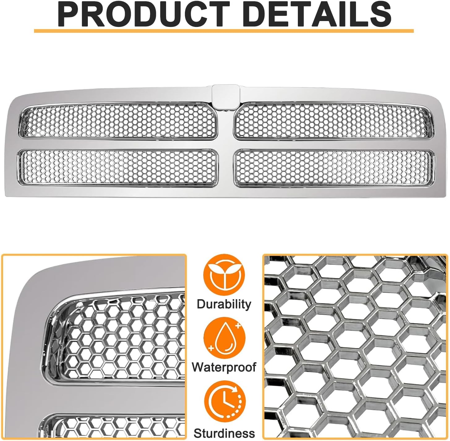 Chrome Frame Honeycomb Mesh Style Front Upper Grille Grill For Dodge Ram 1500 2500 3500 Grille Grill Pickup Truck 1994 1995 1996 1997 1998 1999 2000 2001 2002 (Chrome)