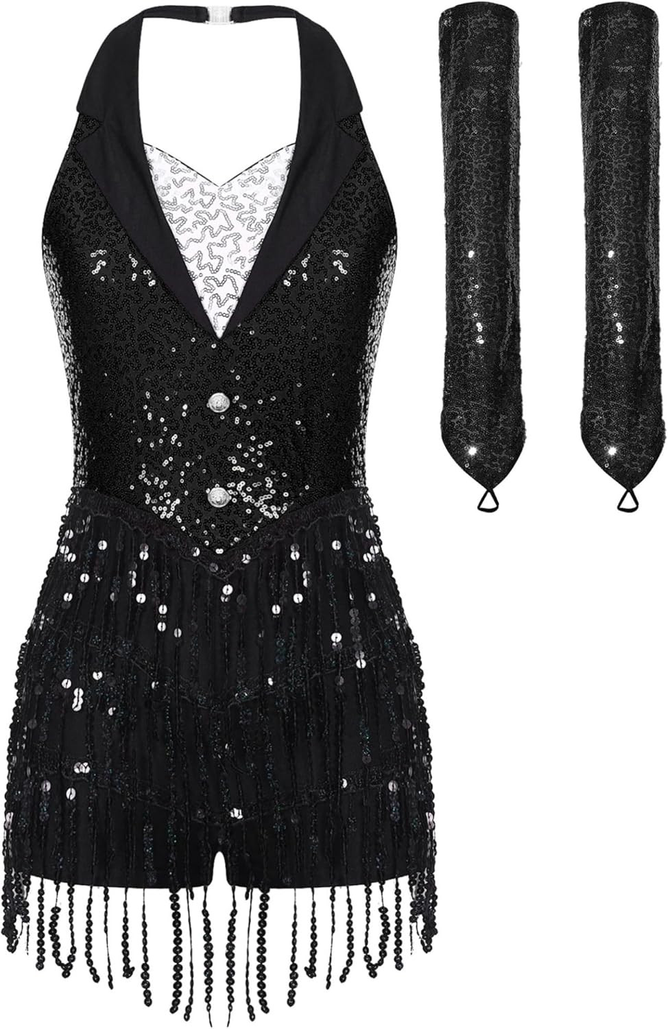 Linjinx Women's Modern Jazz Latin Dance Costume Sequins Leotard Ballroom Dance Dress with Gloves