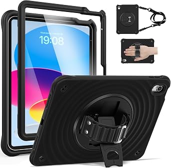 HD Tempered Glass Screen Protector Case for iPad A16 11th/10th Generation 11/10.9 2025/2022, Full-Body Drop Protection Case with Shoulder Strap &360 Rotate Hand Strap/Stand, Black