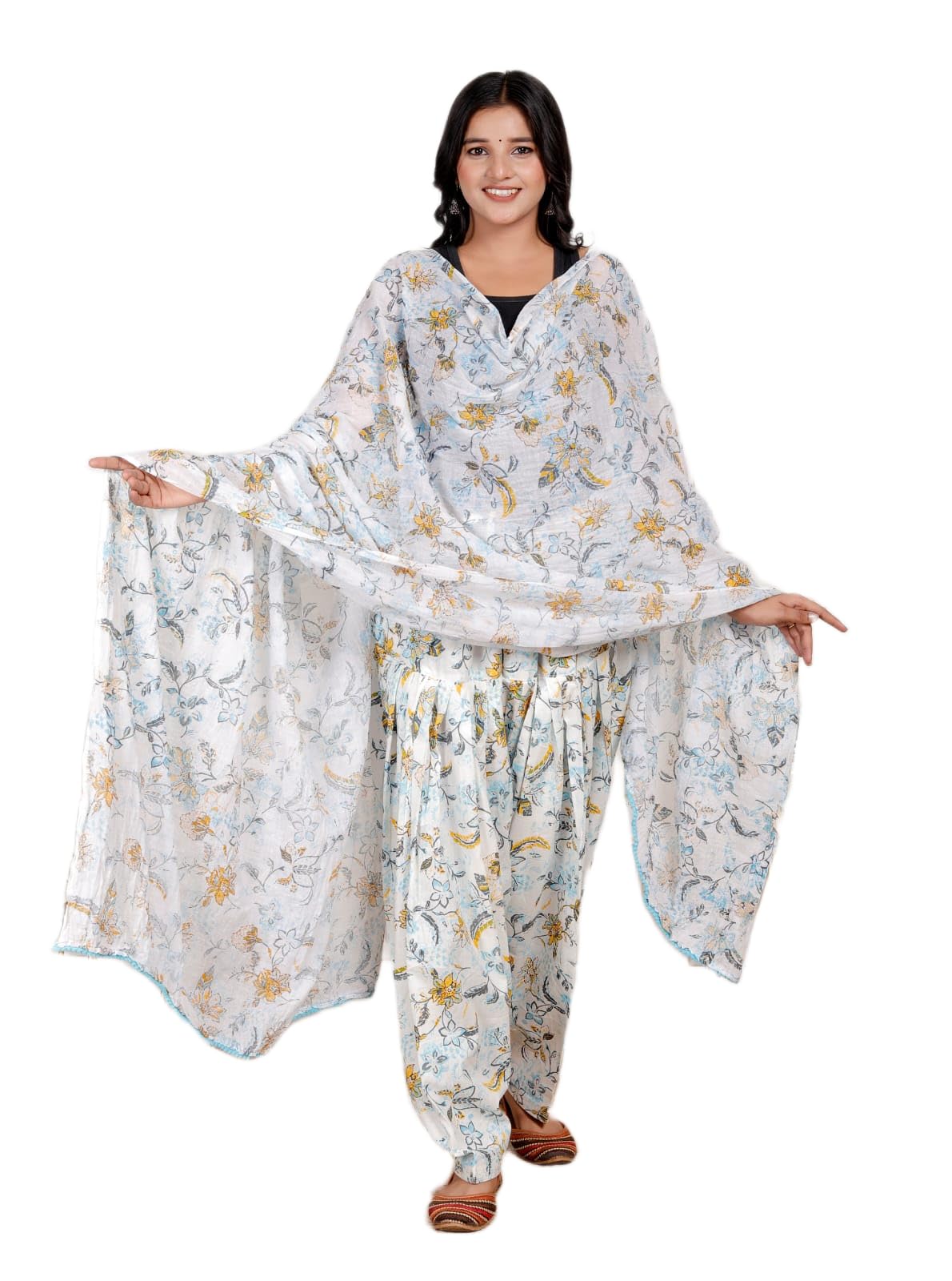 KHEEAA Fashion's Womens Cotton White Multi Flower 02 Printed Patiala Salwar with Matching Dupatta (Free Size)-picture-37