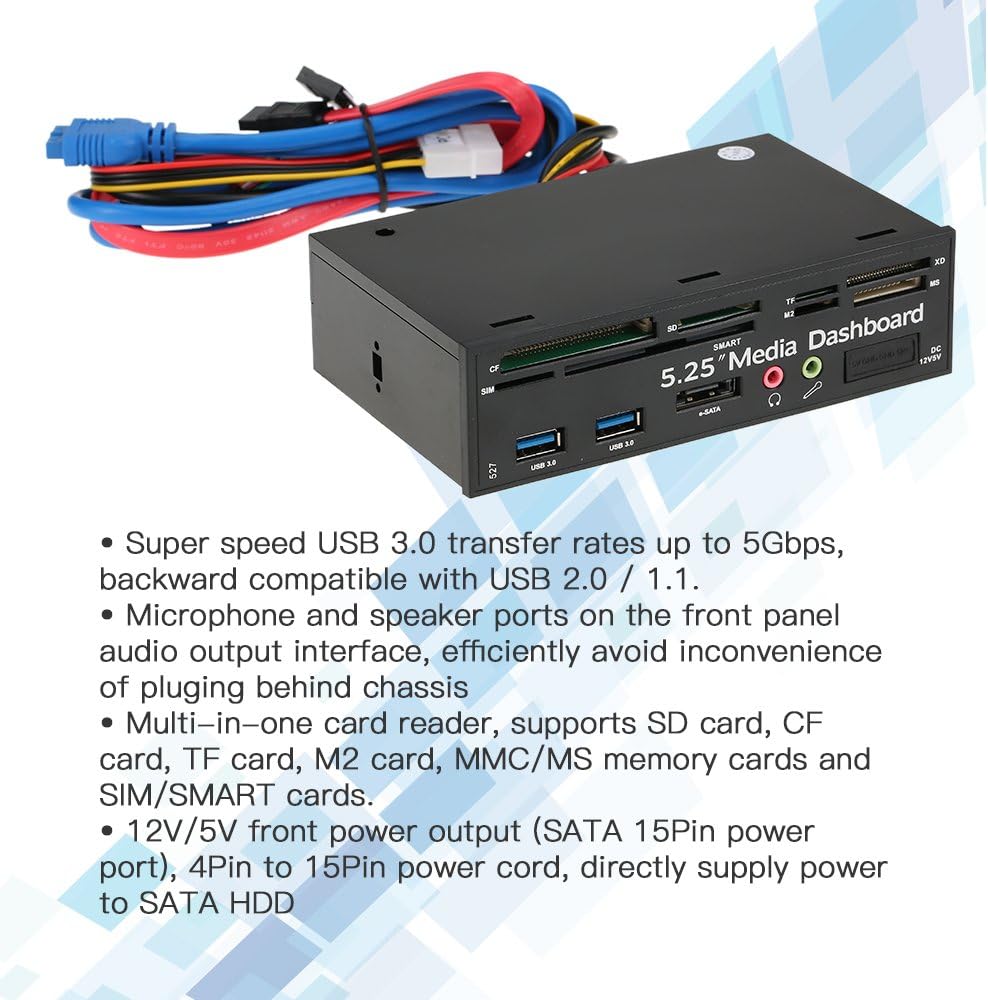 PC Front Panel Internal Card Reader USB Hub, USB 3.0, 5.25inch, Support CF Card, TF Card, M2 Card, MMC/MS, SIM/Smart Cards