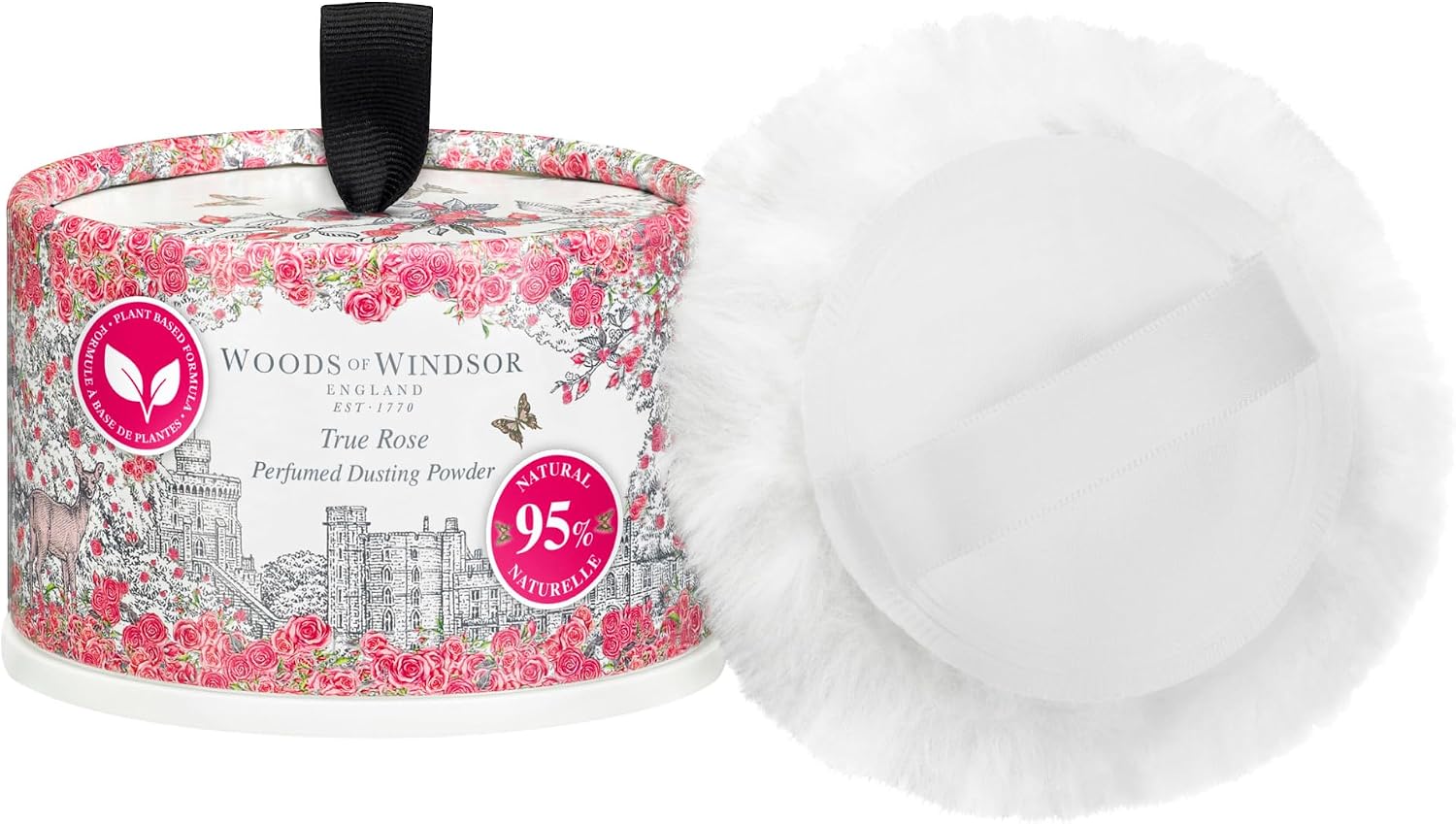 Woods of Windsor True Rose Dusting Powder with Body Puff Floral Talc Alternative Body Powder for Odour Control & Chafing Prevention, 95% Naturally Derived, Vegan & Cruelty Free 3.5oz