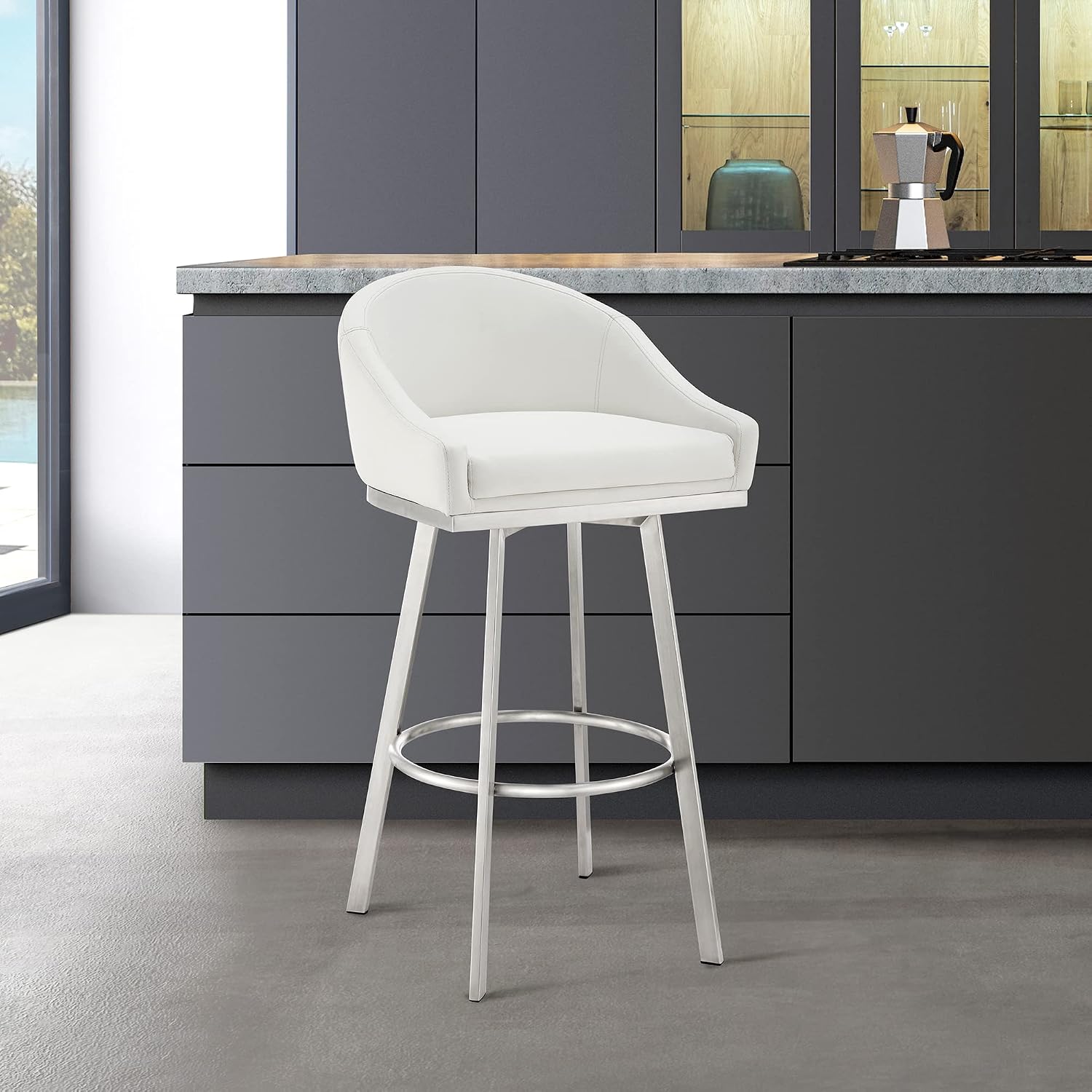 Eleanor Swivel Bar Stool in Brushed Stainless Steel with White Faux Leather