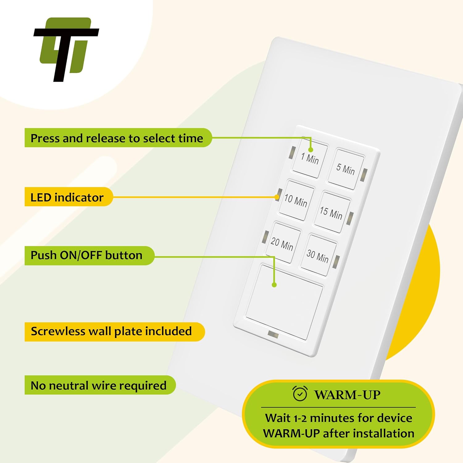 TG 30-Minute No Neutral Wire Countdown Timer Switch, 1-5-10-15-20-30 Min, for Bathroom Fans, Heaters, Lights, LED Indicator, 120VAC 800W, UL Listed, White, 2 Pack