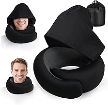 Travel Pillow with Hood, Airplane Memory Foam Pillow, Neck Pillow Travel for Airplane Car Office Home, Travel Pillows Kit with Mask, Caps and Carry Bag