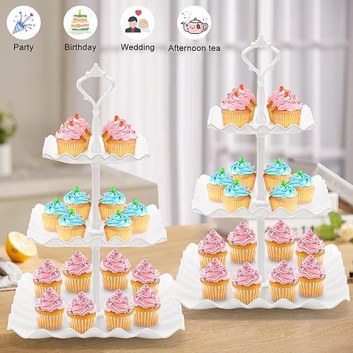 Miniatura 9 de Coitak Soporte para cupcakes de 3 niveles, soporte de plástico escalonado, bandeja cuadrada para postres para fiestas de té, baby shower y boda