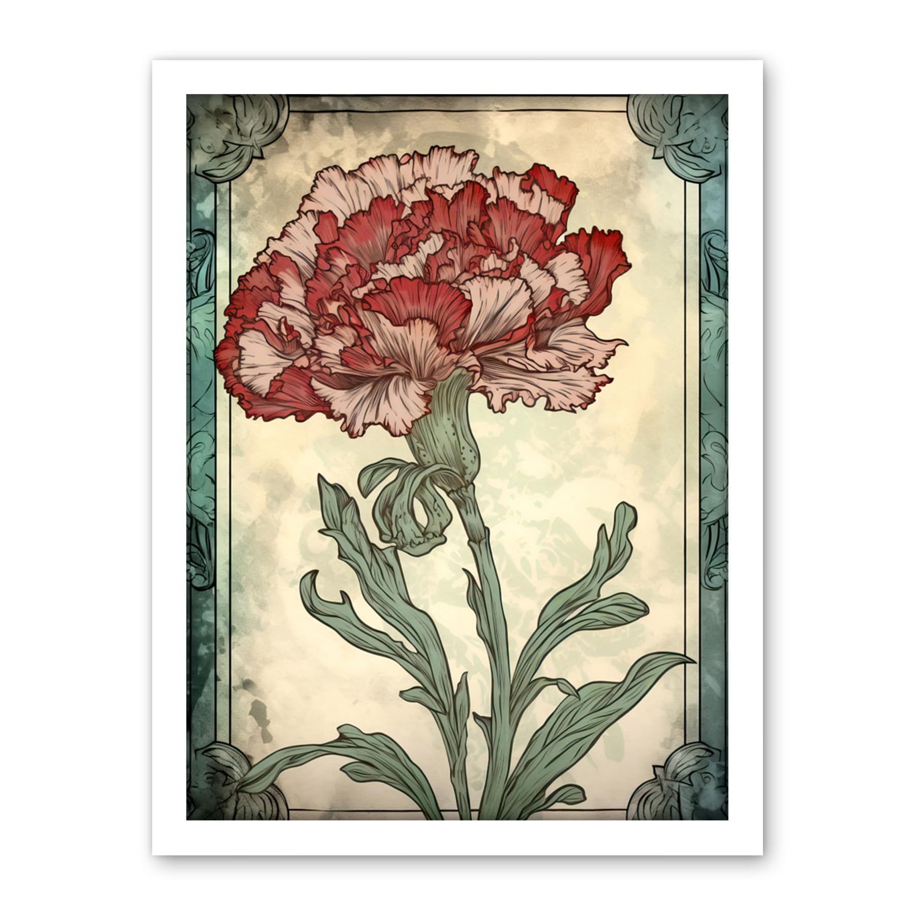 Artery8 Red Carnation Flower Bloom Watercolour Art Nouveau Artwork Framed Wall Art Print 18X24 Inch